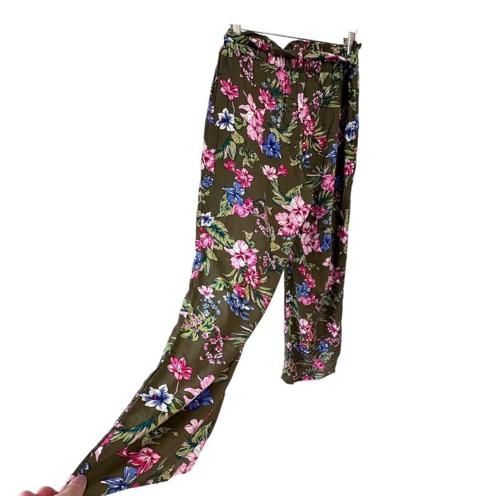 Liz Claiborne Wide Leg Pants 14 Olive Green Floral Tropical Paperbag Waist Crop